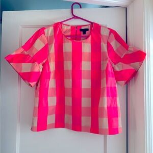 J Crew neon pink and beige/tan checkered top Size 8